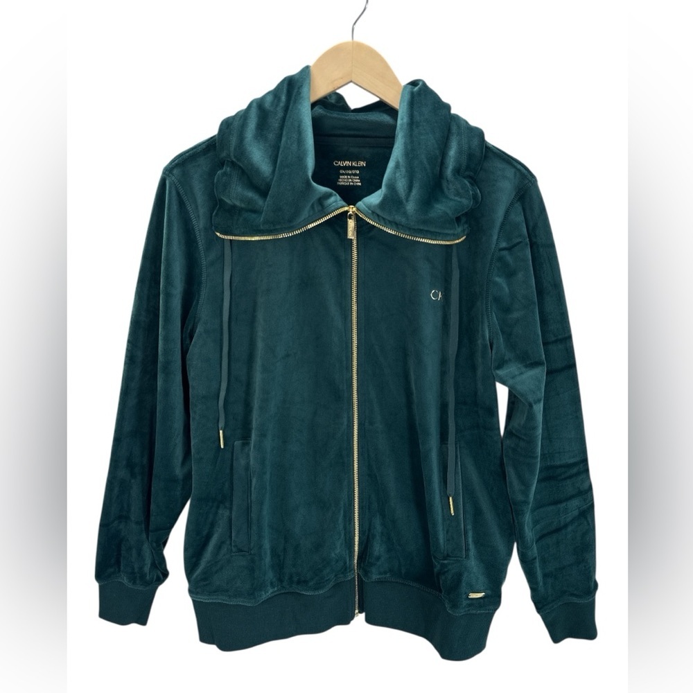 Calvin Klein Velour‎ Cowl Neck Full Zip Jacket Gold Hardware Jewel Green Sz 0X